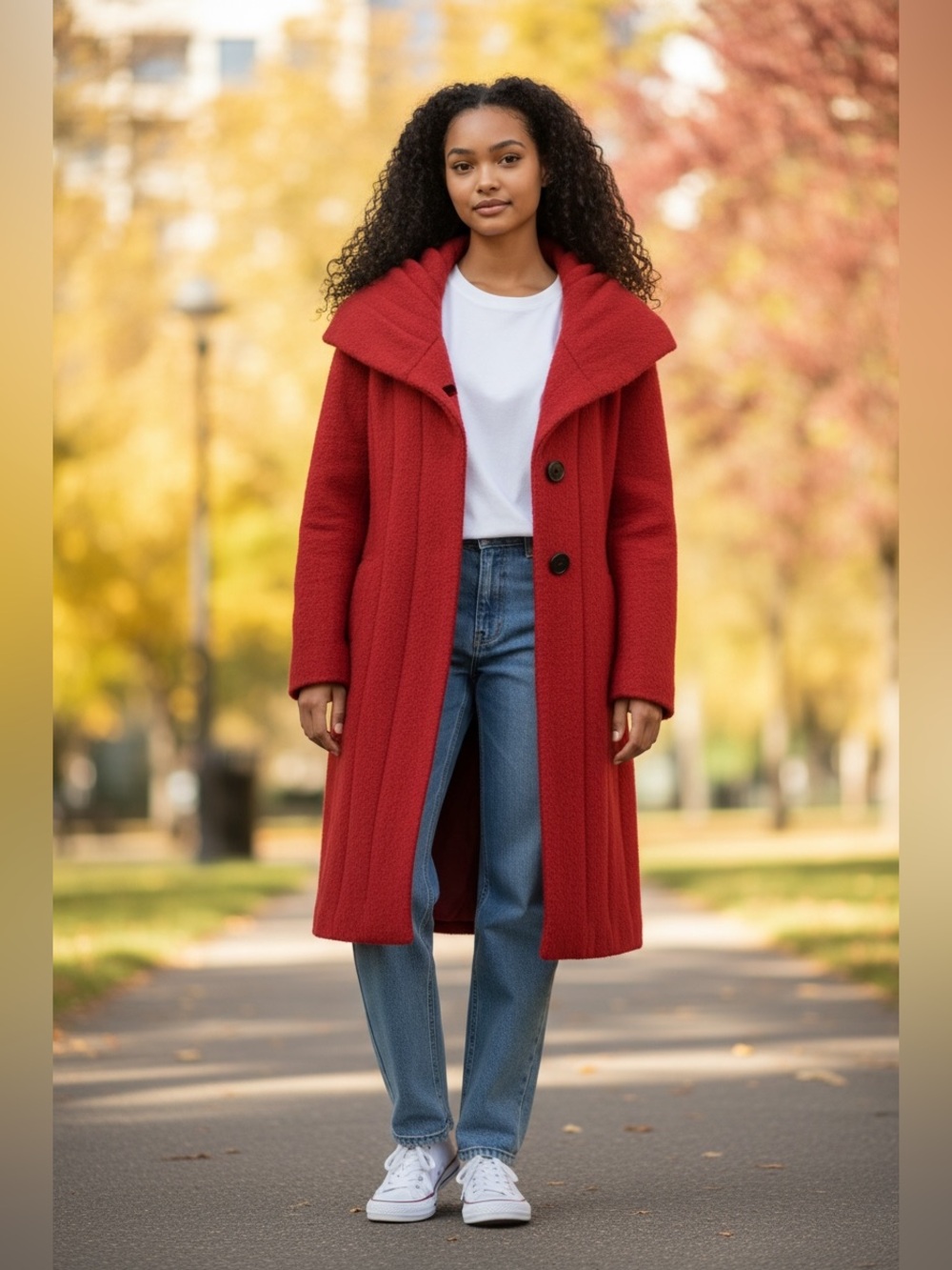 Venesha Red Hooded Wool-Blend Long Sweater Coat-EUC